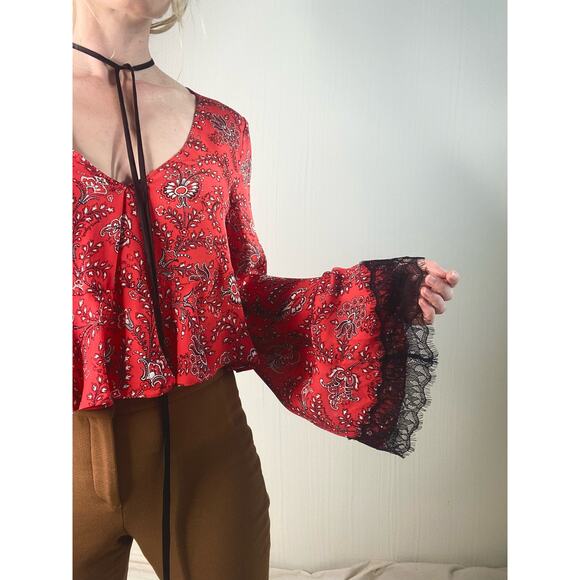 CINQ A SEPT "Jemma" Silk Red Paisley Long Sleeve Cropped Blouse NWT US XS - Picture 4 of 15